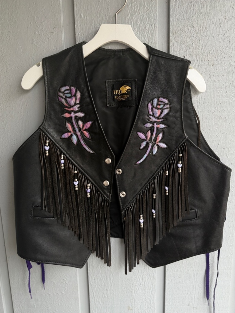 TRD Leathers Black Leather Fringe Vest with Purple ish Rose Embroidery size XXL